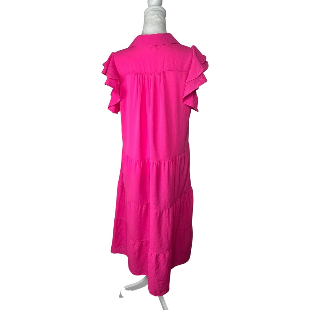 Umgee Hot Pink Tiered Short Ruffle Sleeve Midi Dress Size Small - Picture 6 of 12
